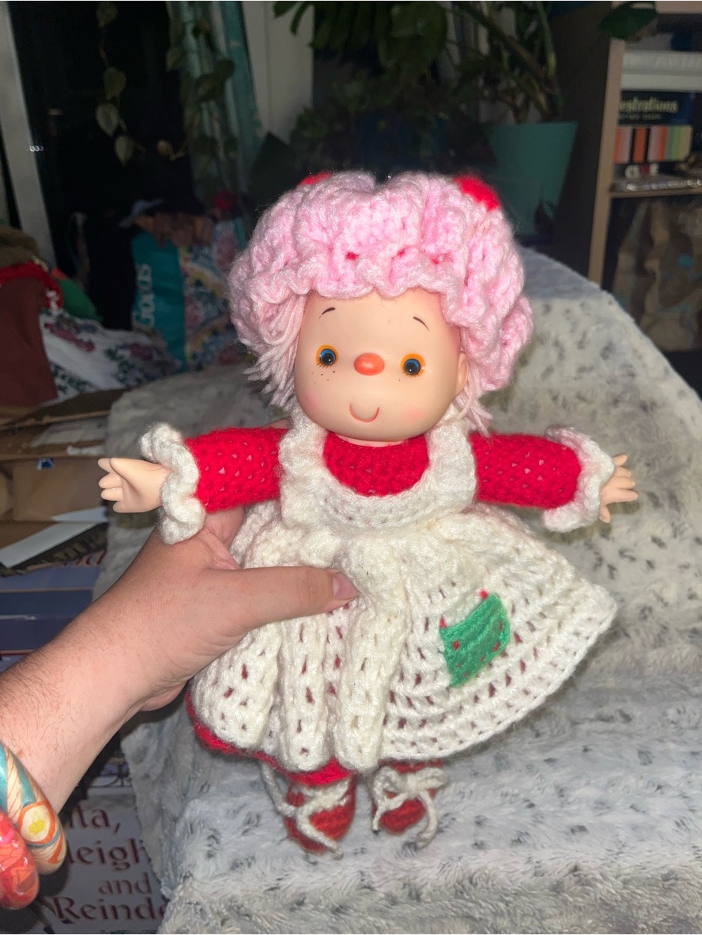 Handcrafted Pink & Red Crochet Doll with White Dress